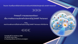 ป้ายประชาสัมพันธ์โครงการ “ขับเคลื่อนการให้บริการด้านวิชาการด้วยเทคโนโลยีสมัยใหม่สู่การเป็น SMART Parliament” กิจกรรมที่ 1 การบรรยายและสัมมนา เรื่อง การพัฒนางานบริการด้านวิชาการไปสู่ SMART Parliament จัดโดยคณะทำงานพัฒนาการให้บริการด้านวิชาการไปสู่ SMART Parliament สำนักวิชาการ